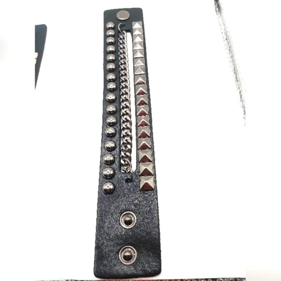 Goth Black Stud and Chain vegan Leather Bracelet Unisex -Black- Lot of 2 New - Picture 2 of 11